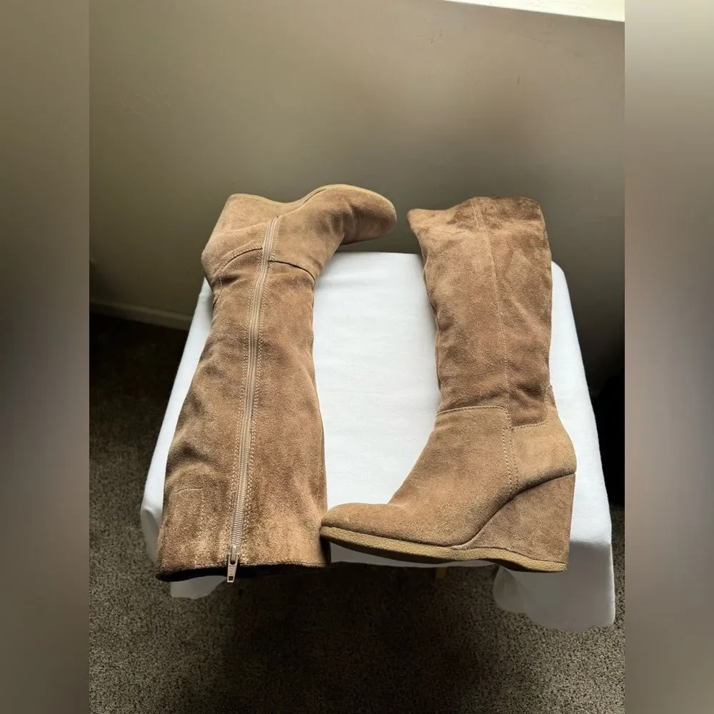 Nine West Taupe Wedge Suede Knee-Knee Boots, Suede in Brown - Size 9.5